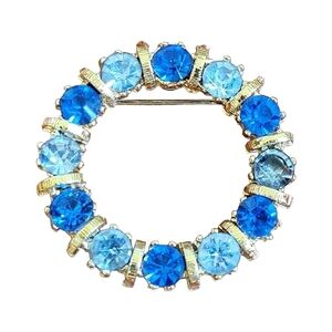 Vintage Blue Glass Crystal Rhinestone Circle Brooch Pin 1950s Diamanté Unsigned